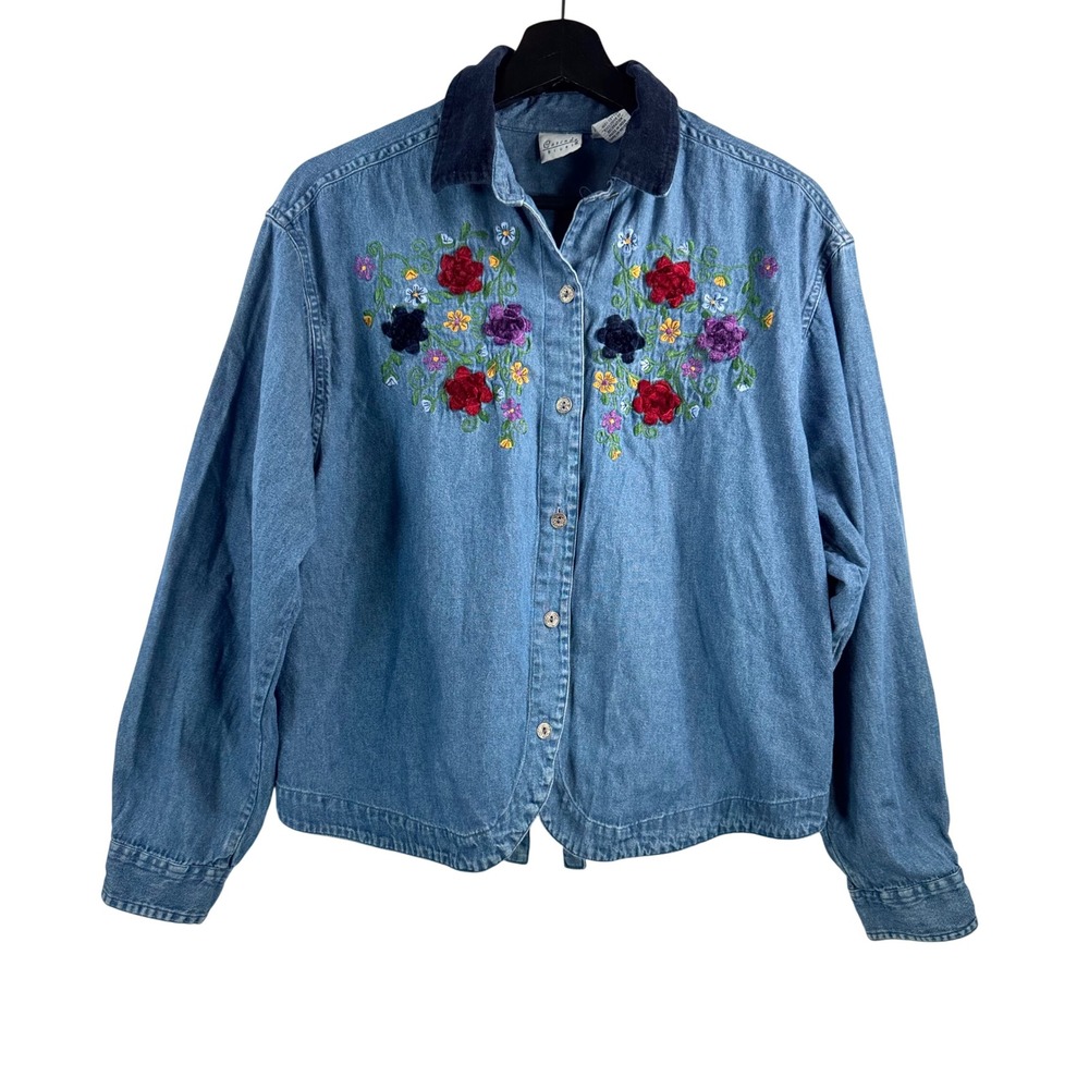 VTG Cascade Blues Embroidered Denim Shirt sz M Blue Floral velvet‎ Collar 90s